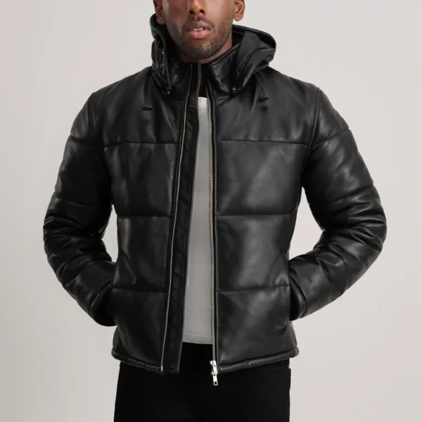 Men Gordon Black Hooded Leather Puffer Jacket