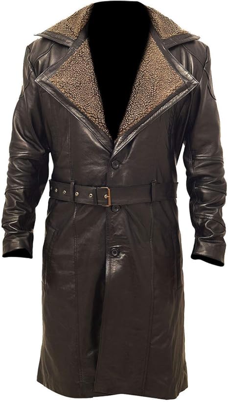 Mens German Belted Brown Real Leather Duster Coat