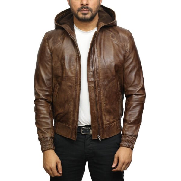 Men Brown Leather Hooded Pilot Jacket