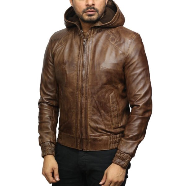Men Brown Leather Hooded Pilot Jacket