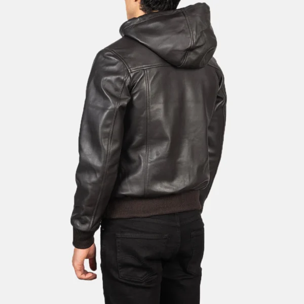 Men Nintenzo Brown Hooded Leather Bomber Jacket