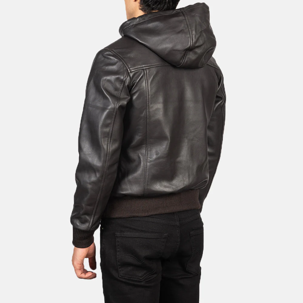 Men Nintenzo Brown Hooded Leather Bomber Jacket