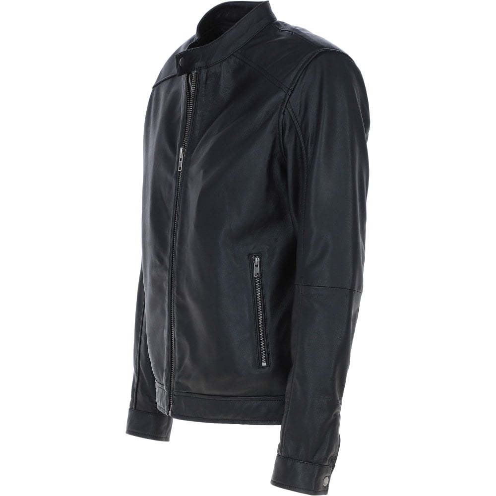 Mens Studded Collar Leather Biker Jacket in Black