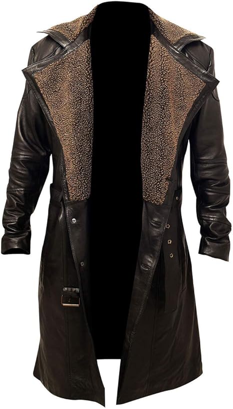 Mens German Belted Brown Real Leather Duster Coat