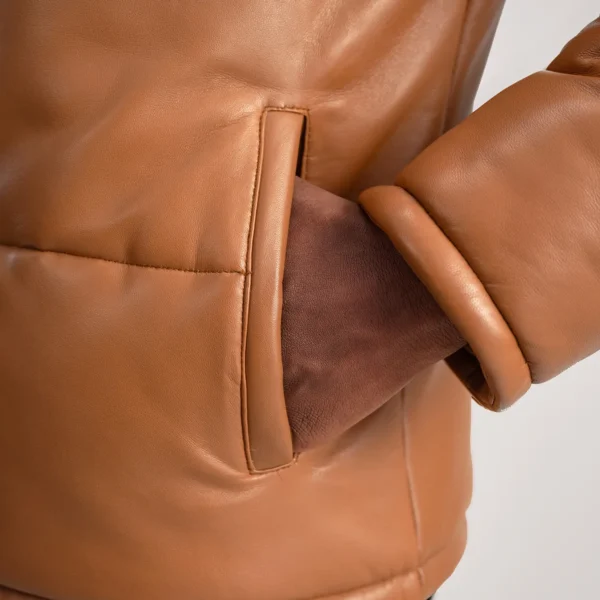 Men Gordon Tan Hooded Leather Puffer Jacket