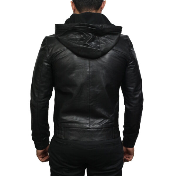 Men Black Bomber Lambskin Leather Hooded Jacket