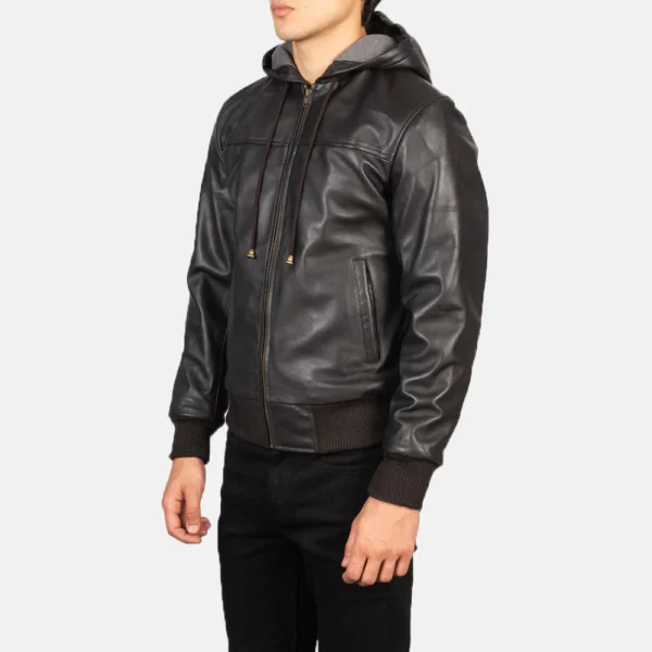 Men Nintenzo Brown Hooded Leather Bomber Jacket