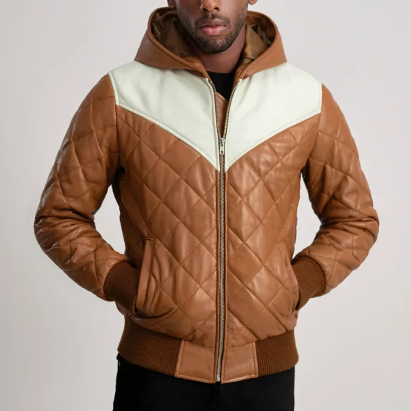 Men Tan Hooded Bomber Leather Puffer Jacket