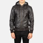 Men Nintenzo Brown Hooded Leather Bomber Jacket