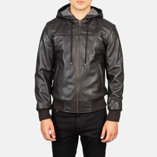 Men Nintenzo Brown Hooded Leather Bomber Jacket
