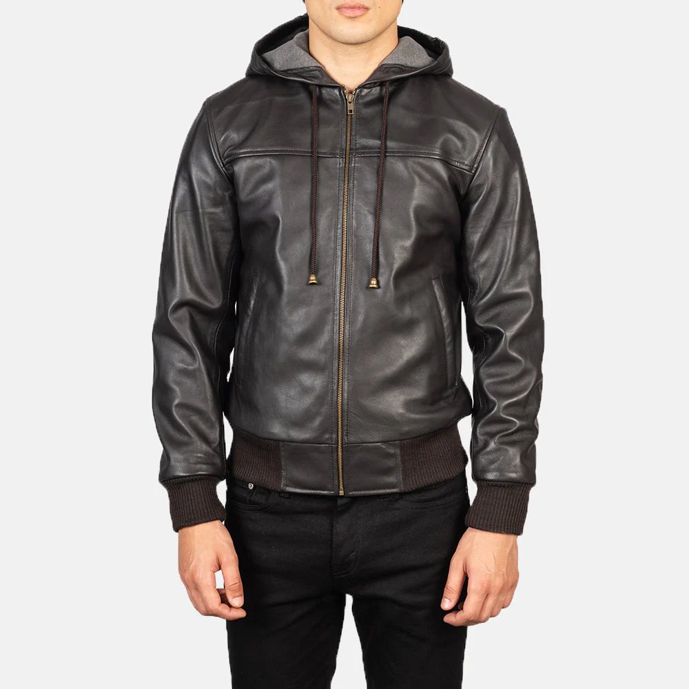 Men Nintenzo Brown Hooded Leather Bomber Jacket