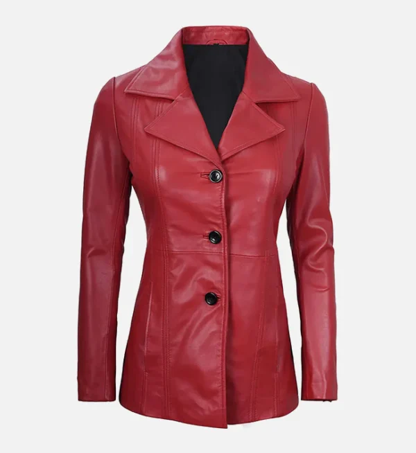 Red Real Leather Blazer For Women