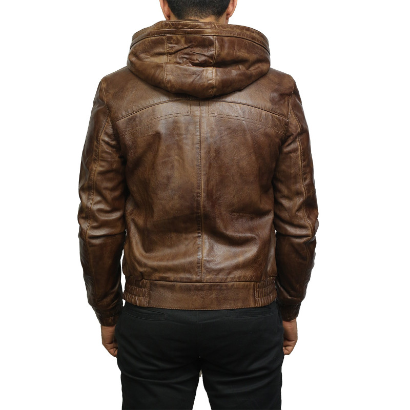 Men Brown Leather Hooded Pilot Jacket