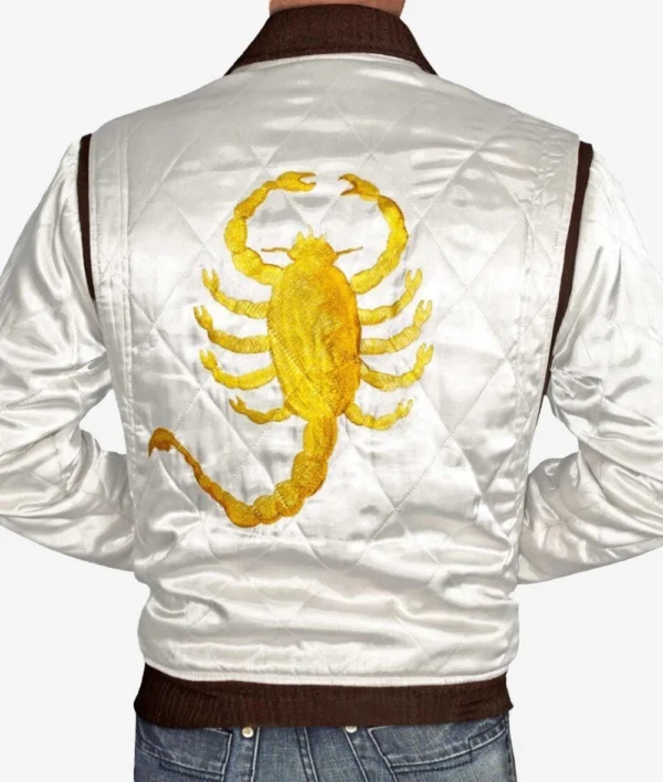Men White Scorpion Satin Quilted Bomber Jacket