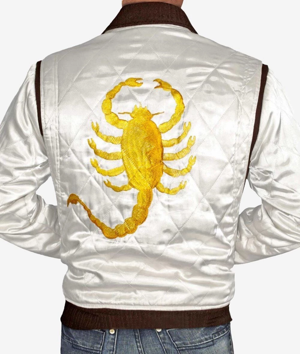 Men White Scorpion Satin Quilted Bomber Jacket