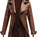 Vintage Brown Sheepskin Leather Duster Coat with Hood for Men