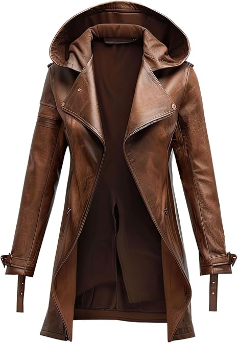 Vintage Brown Sheepskin Leather Duster Coat with Hood for Men