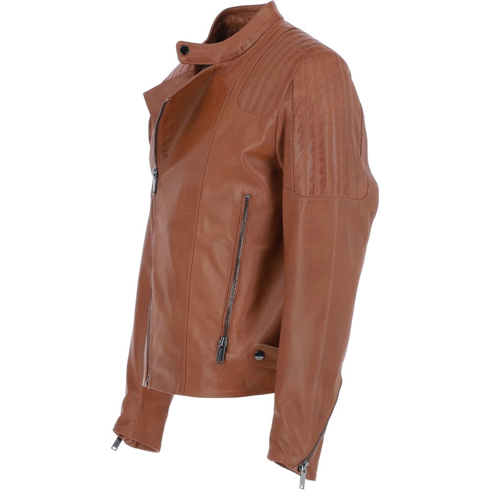 Tan Leather Side Zip Biker Jacket For Men