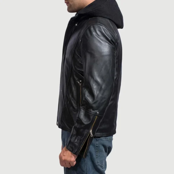 Men Black Hooded Leather Jacket