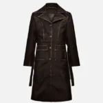 Womens Long Rubbed Dark Brown Leather Coat