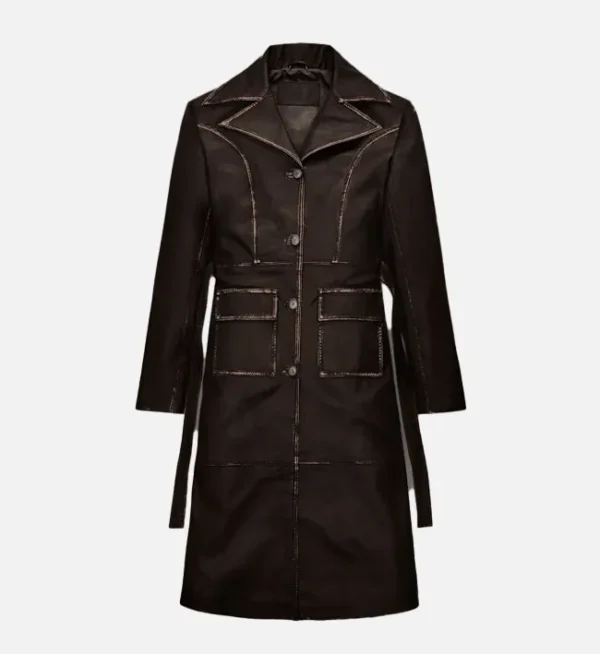 Womens Long Rubbed Dark Brown Leather Coat