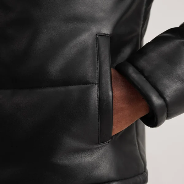 Men Gordon Black Hooded Leather Puffer Jacket