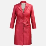 Premium Raspberry Red Leather Long Coat for Women