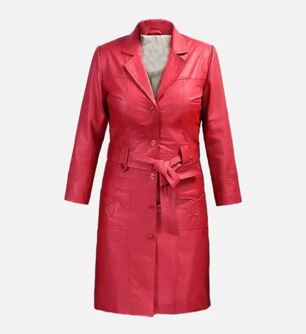 Premium Raspberry Red Leather Long Coat for Women