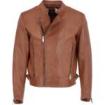 Tan Leather Side Zip Biker Jacket For Men