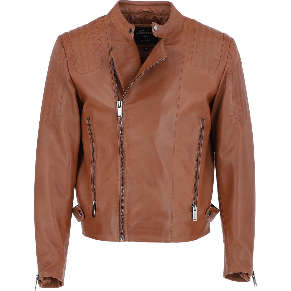 Tan Leather Side Zip Biker Jacket For Men