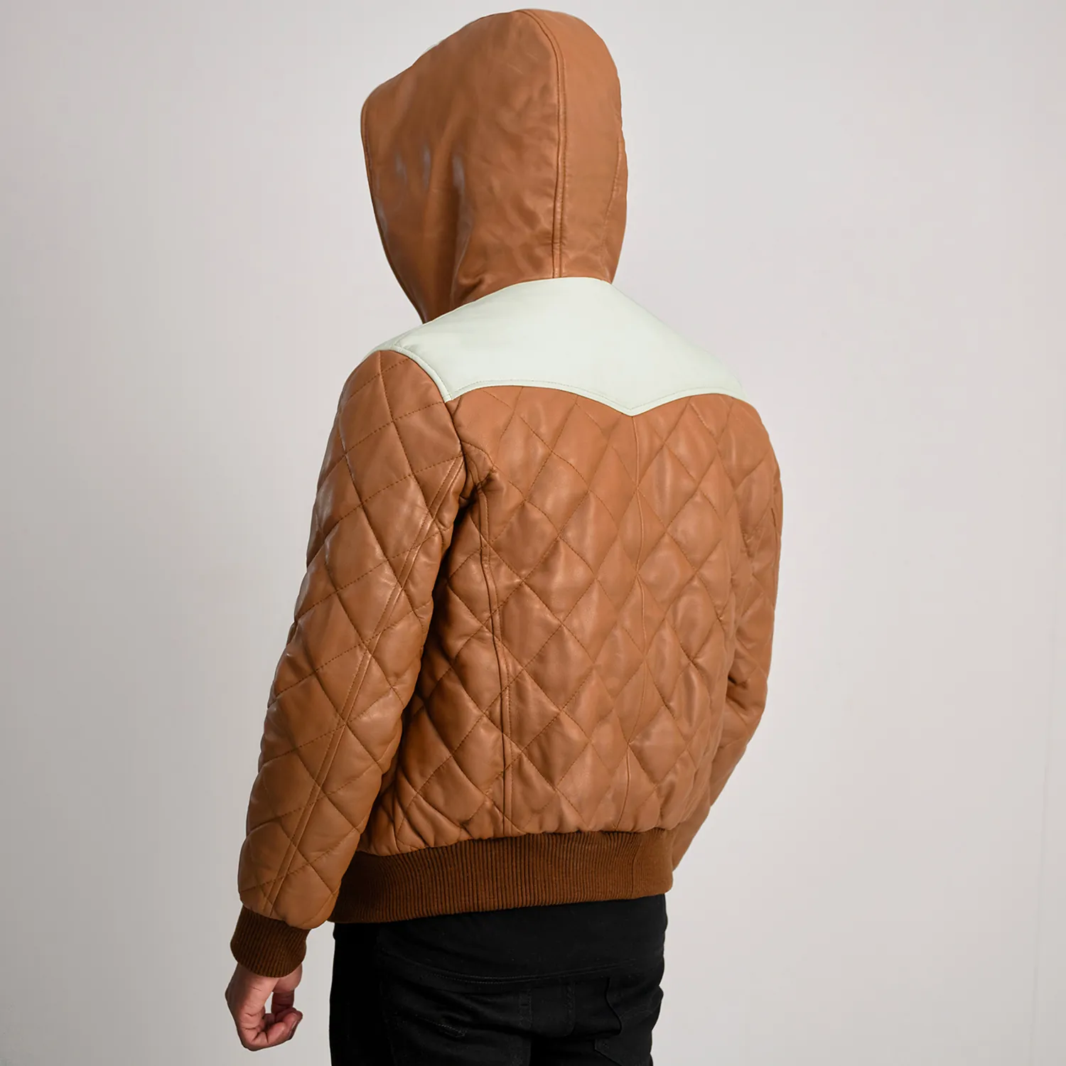 Men Tan Hooded Bomber Leather Puffer Jacket