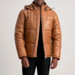Men Gordon Tan Hooded Leather Puffer Jacket