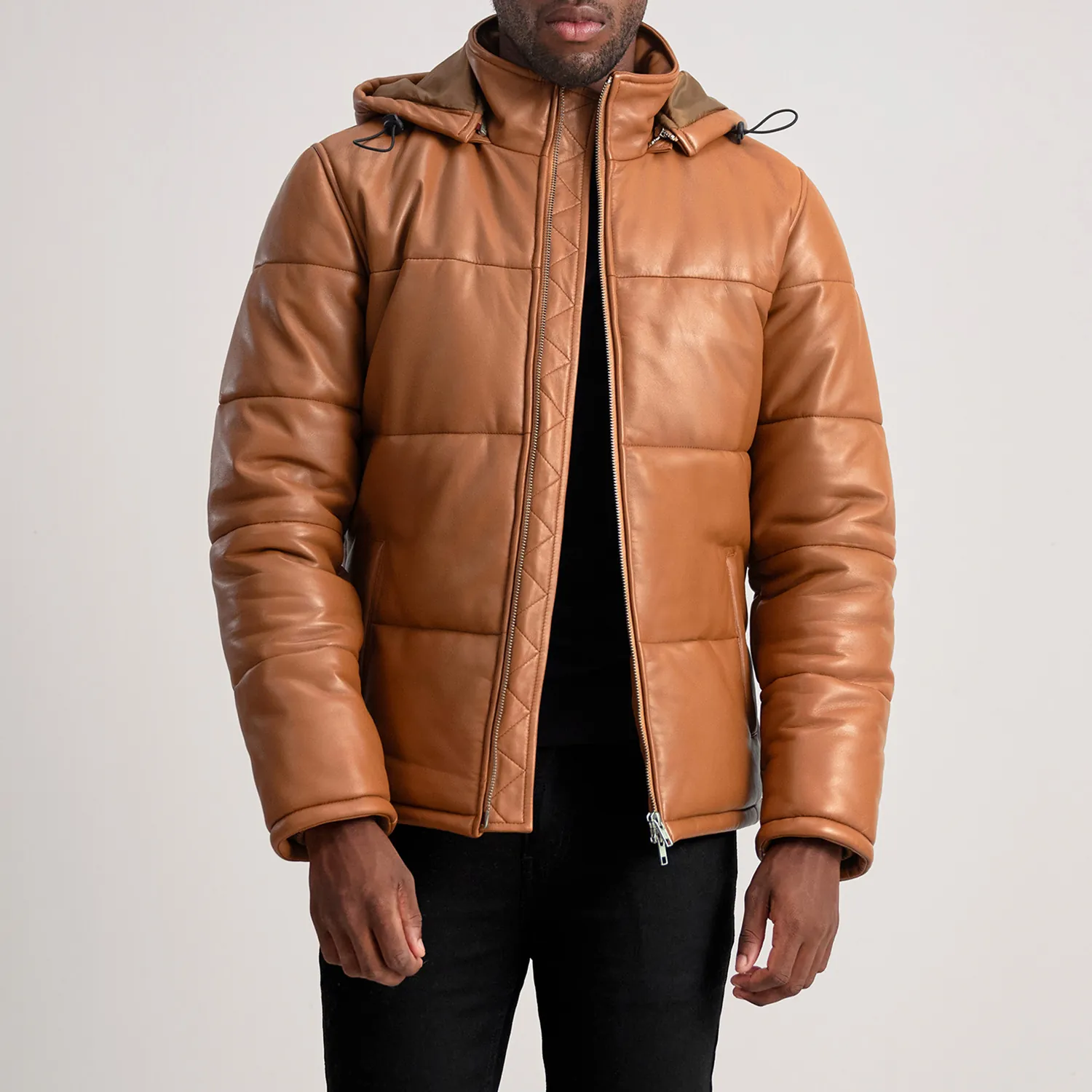 Men Gordon Tan Hooded Leather Puffer Jacket