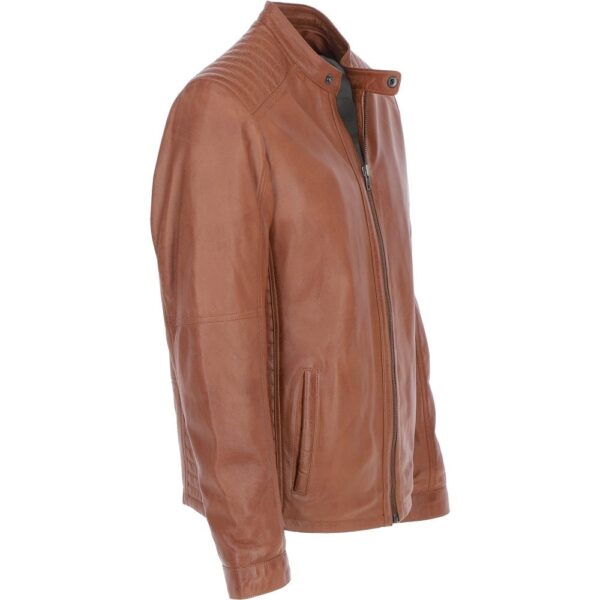 Tan leather biker jacket mandarin collar