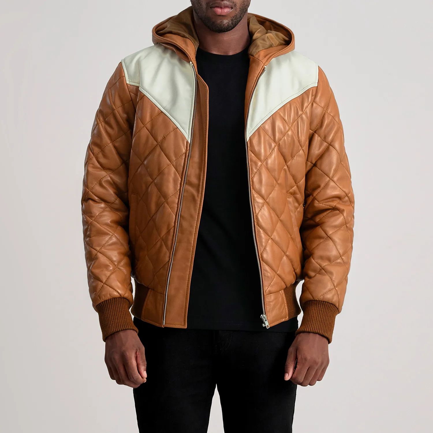 Men Tan Hooded Bomber Leather Puffer Jacket