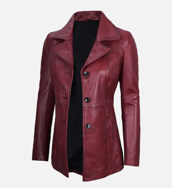 Three button maroon leather blazer women