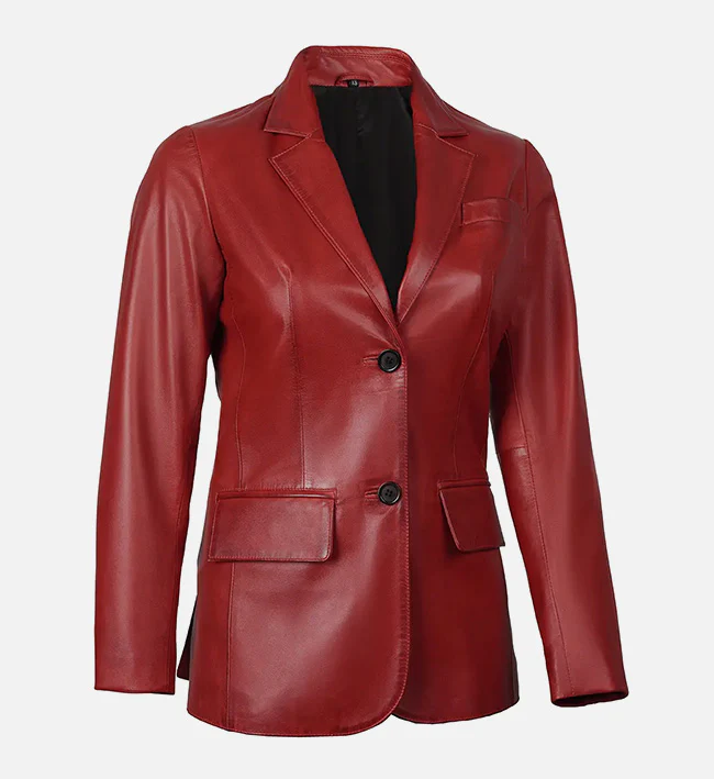 Two Button Red Leather Blazer For Women