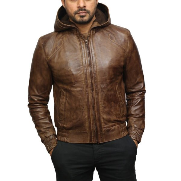 Men Brown Leather Hooded Pilot Jacket