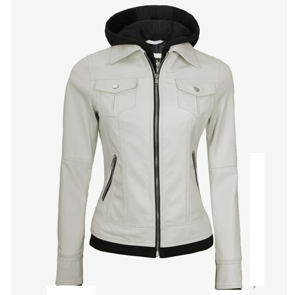 Womens White leather bomber jacket with hood