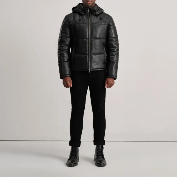 Men Gordon Black Hooded Leather Puffer Jacket