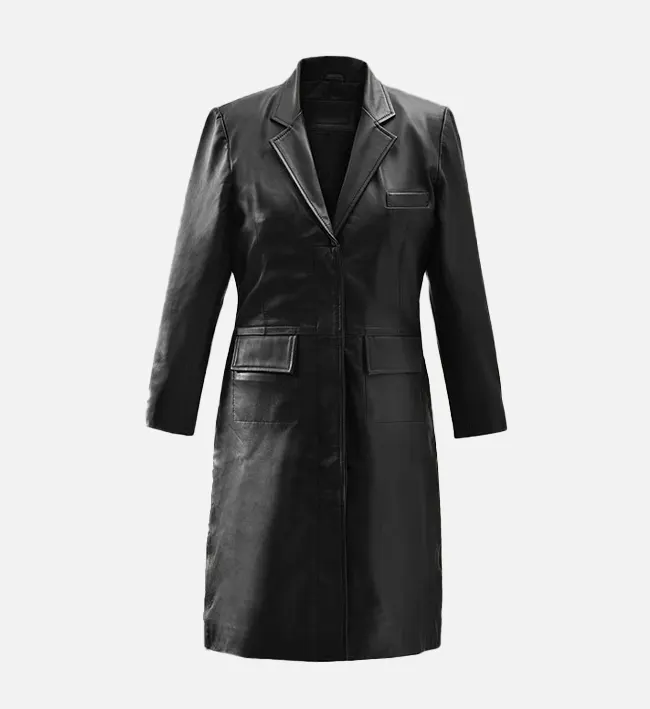 Classic Black Leather Long Coat for Women