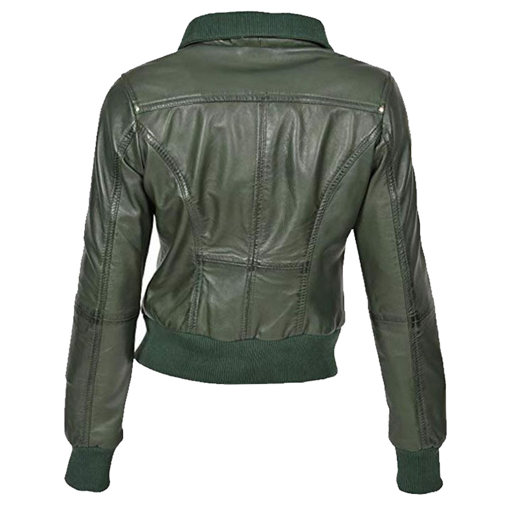 Green leather bomber jacket For Women