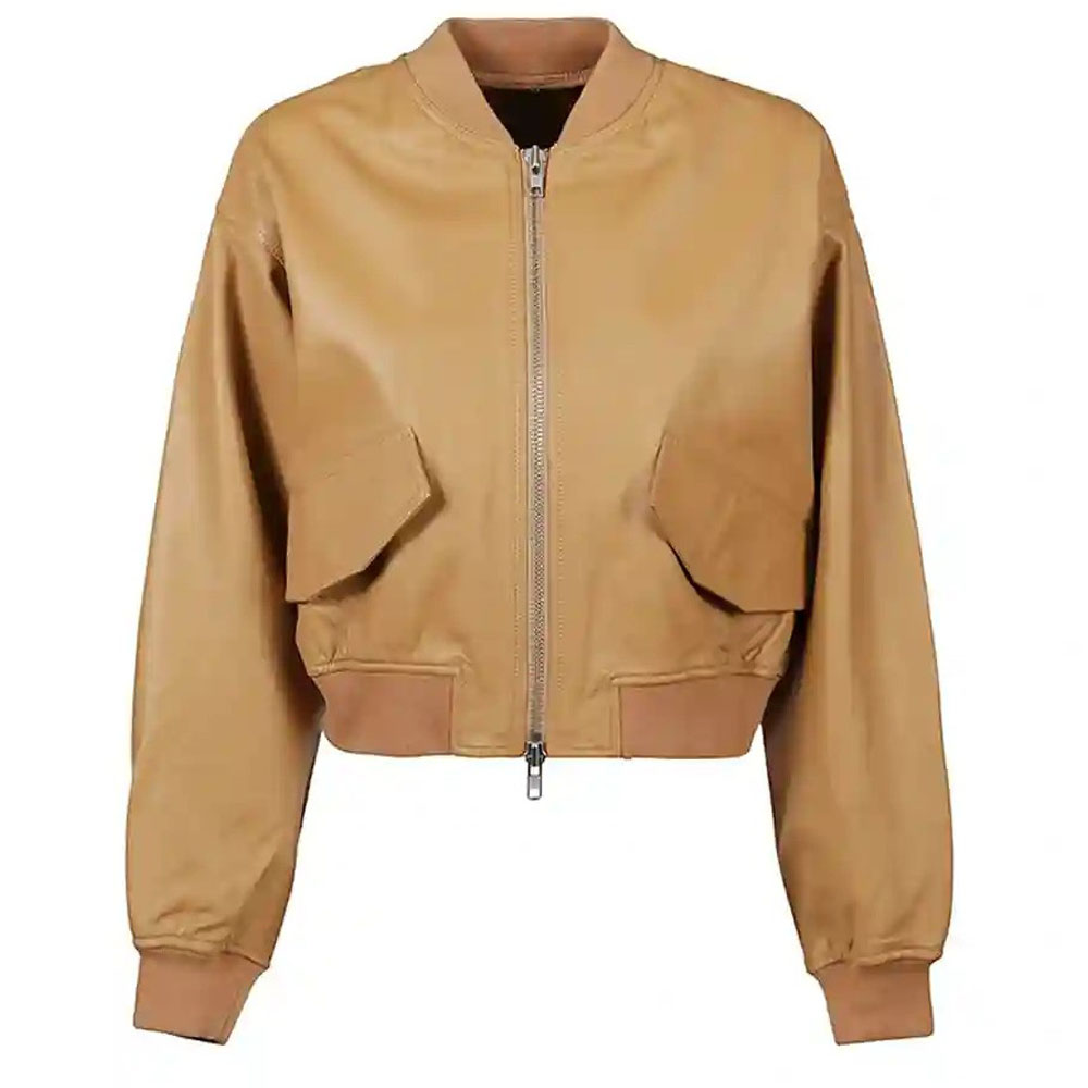 Womens Camel Brown leather bomber jacket