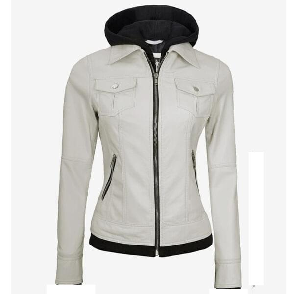 Womens White leather bomber jacket with hood