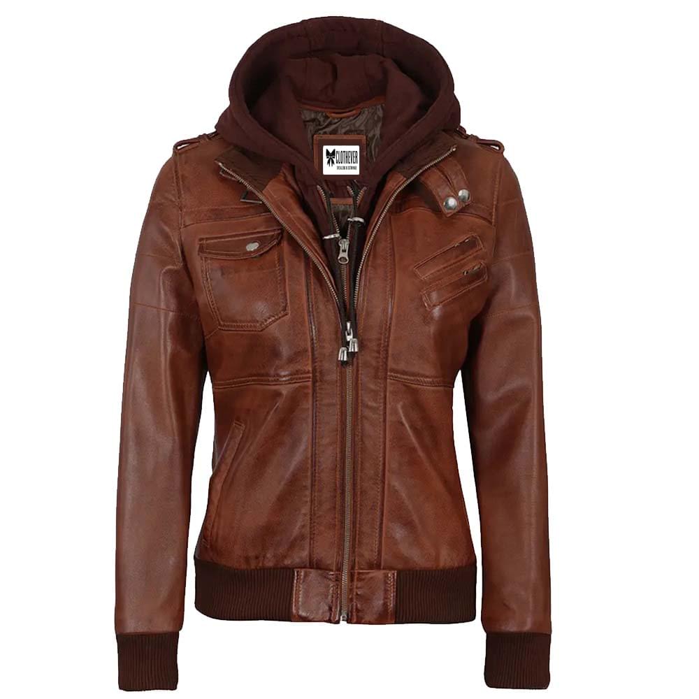 Brown leather bomber jacket For Women