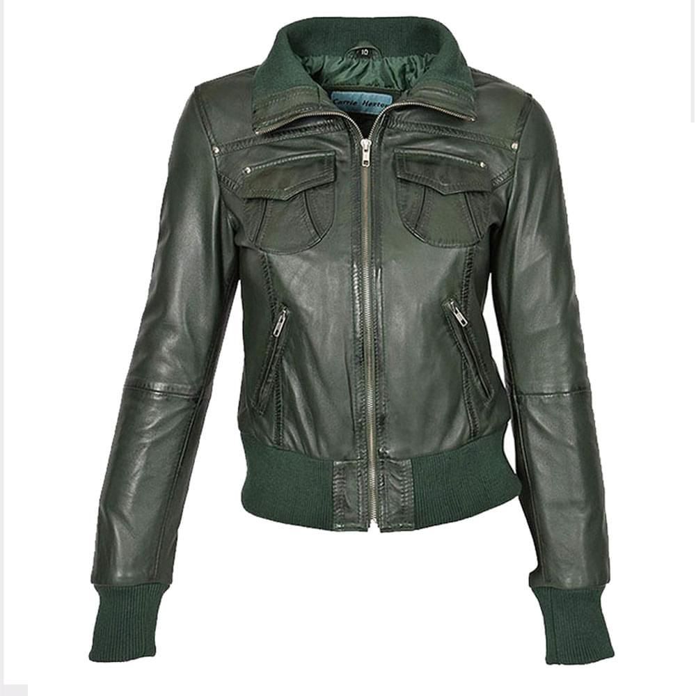 Green leather bomber jacket For Women