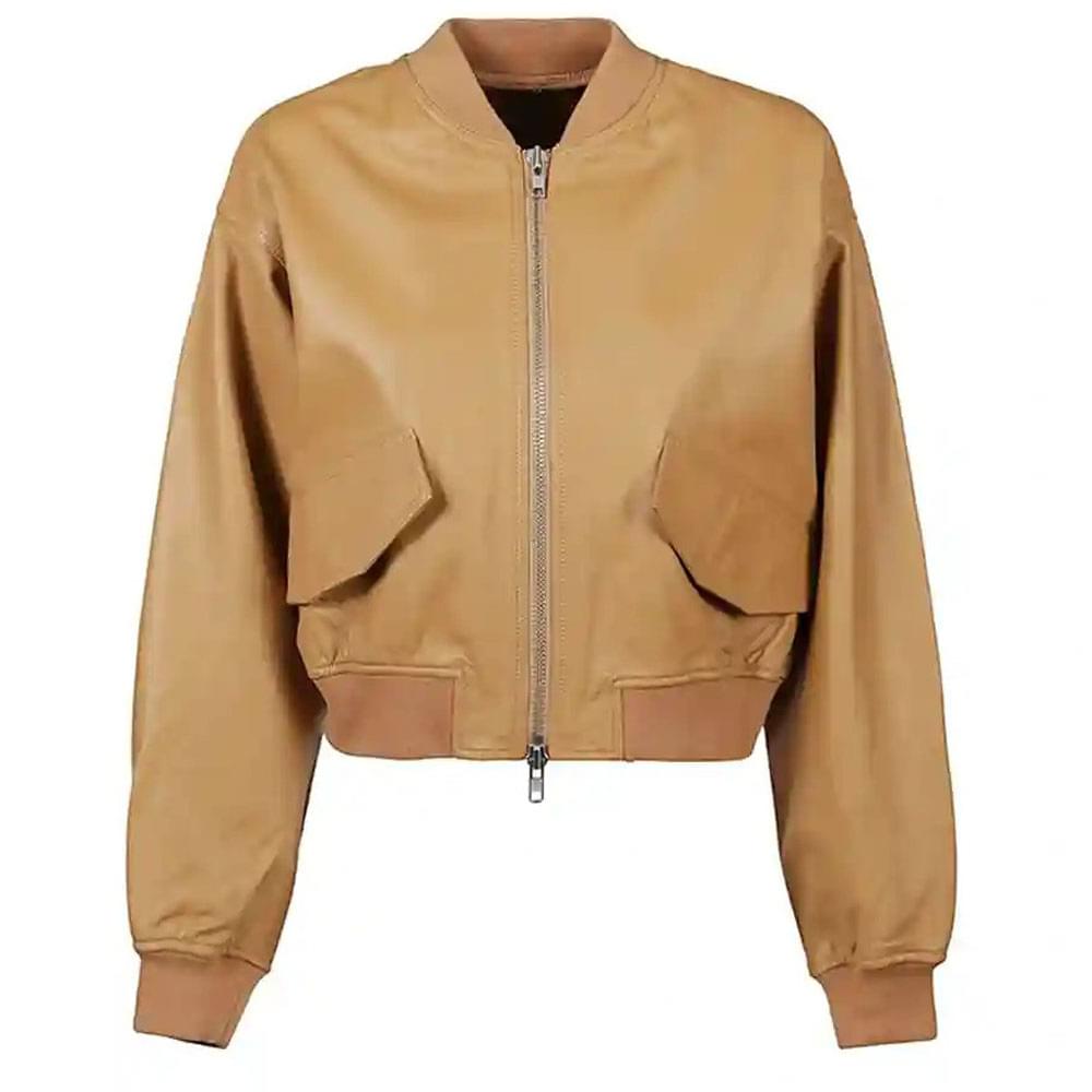 Womens Camel Brown leather bomber jacket
